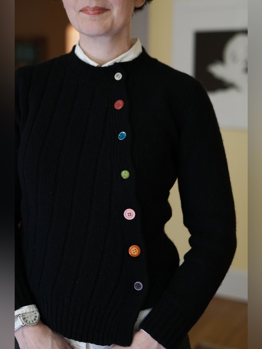 Garnet Hill Black Women’s Sweater Cardigan - colorful Buttons XS